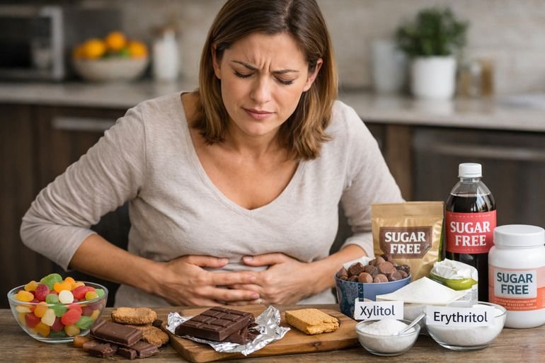 A woman with a bloating issue due to high sugar alcohol intake