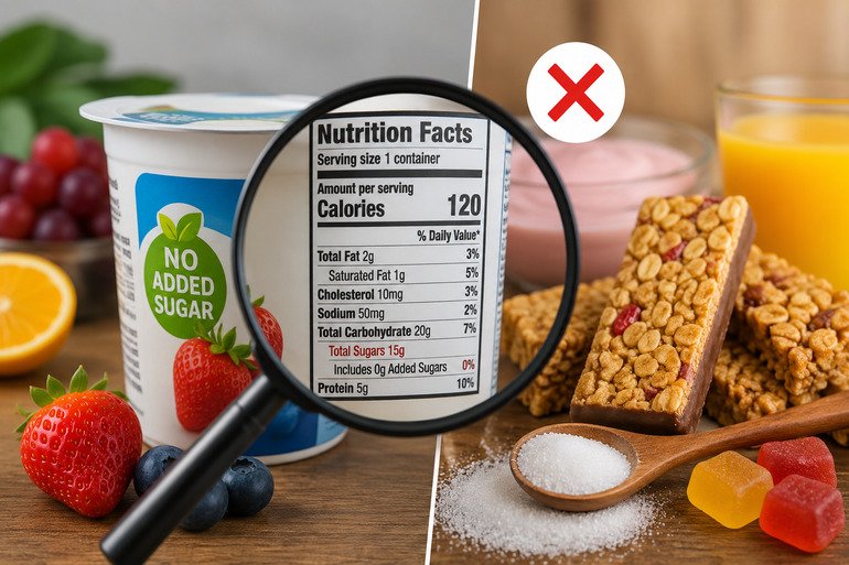 Food labels reading to check no added sugars